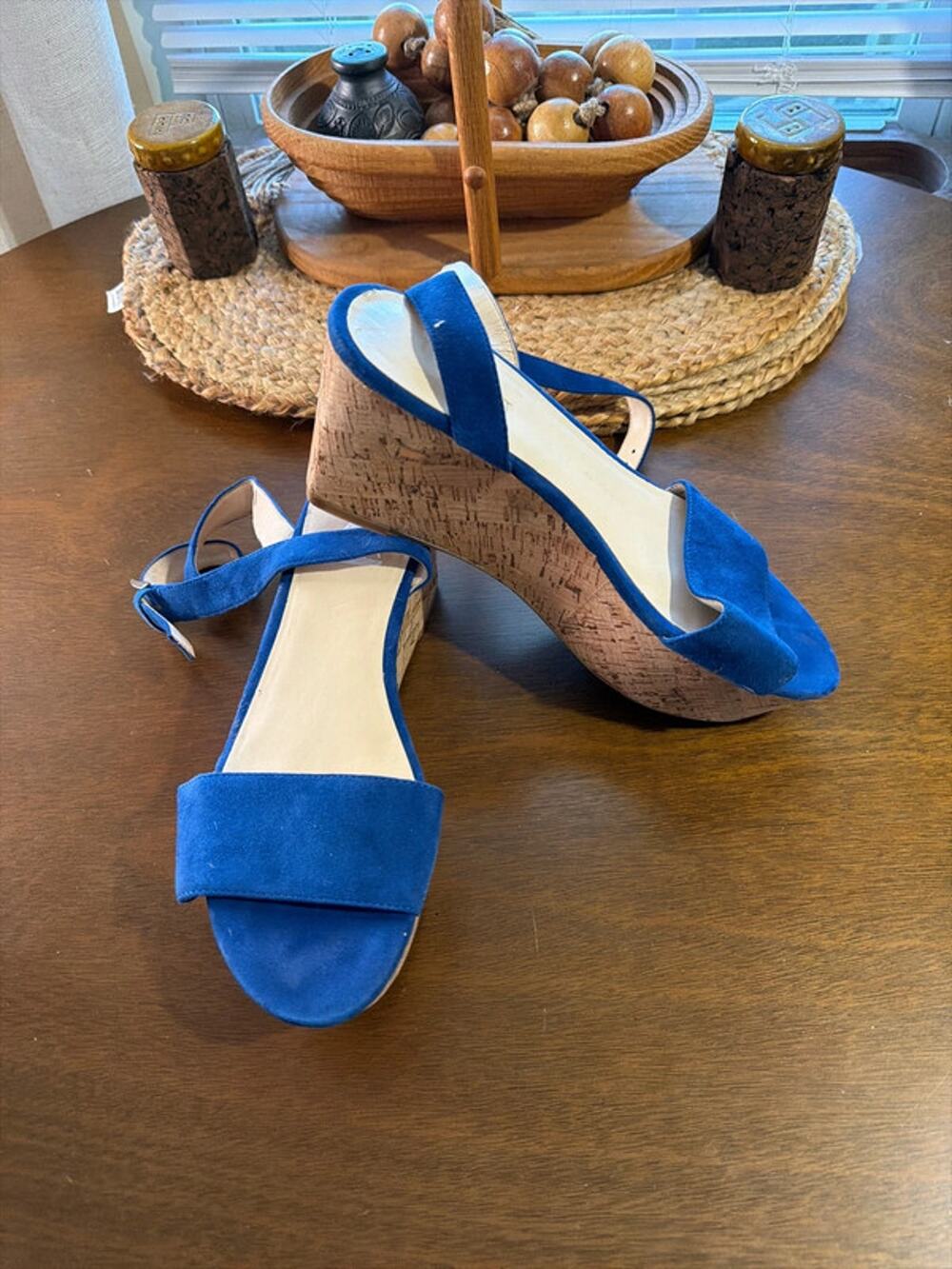 Nine West blue, genuine, suede, cork wedge heels 9 558